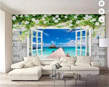 3d фотообои по поръчка, тухлени стени, прозорци, лозя, розова украса за дома с изглед към морето, тапети за хола за стени d 3