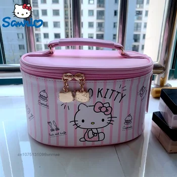 Sanrio Hello Kitty, сладък cartoony цветя модел, косметичка за грим, женски цилиндър, преносима чанта за съхранение с голям капацитет от изкуствена кожа