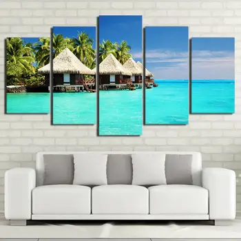 Без рамка 5 бр. Мальдивский остров, плажен къща, палма, картина, платно, живопис, стенни художествени плакати за хол, спални, аксесоари за дома