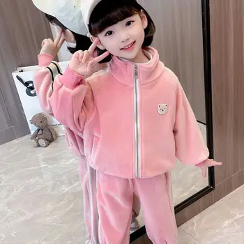 Дрехи за момичета, спортен костюм, с подплата, пролетно-есенен детски корейски случайни пуловер с цип с плътни панталони, дрехи от 2 теми