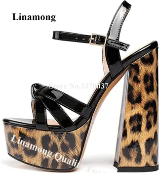 Леопардовые лоскутные сандали на масивна ток Linamong, чубрица сандали с отворени пръсти на висока платформа, с лъкове, зелени, червени обувки от лачена кожа на дебелите ток