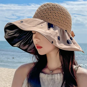Панама Сламена шапка Годишна Жена Е горната част за предпазване от ултравиолетовите слънчеви Плажни шапки, Спортни шапки-кофи на открито Дишаща шапка с голяма периферия