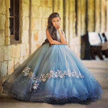 Принцеса цвете момиче рокли за сватба рокля от мек тюл кристали лък V-образно деколте отзад поръчка Фея почистване на влак