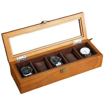 Реколта дървена ковчег за часа с 5 слота, Прозрачни светлинни люкове, Кутии за часовници Органайзер за Носене Колекция часа Дисплей Титуляр за съхранение за мъже