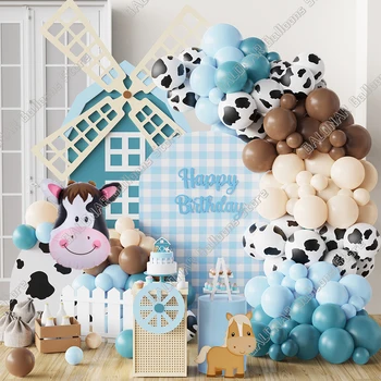 123 бр. венец от балони с изображение на селскостопански животни, принт крави, сини балони за парти в чест на рождения ден на момчето в ковбойской тематика, декор за детска душа