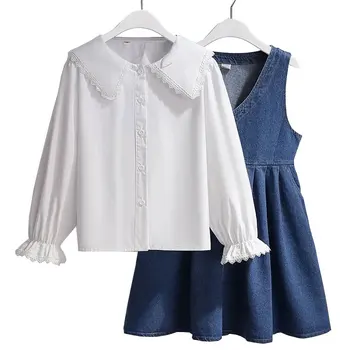2022 нов Комплект Есенно-пролетни дрехи за момичета, Нова Мода, Бяла Риза с пищни ръкави За Момичета И синя Рокля На подтяжках, Елегантен Комплект от две части