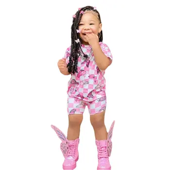2023 Лятна детски дрехи от две части, комплекти, дрехи с пеперуди за момичета, розова фланелка с къс ръкав + шорти в клетката, дрешки от 2 до 8 години