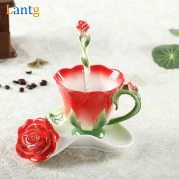 3D кафеена чаша с розов емайл, чаша за чай и мляко, определени с лъжица и блюдцем, креативна керамични съдове от европейския костен порцелан, сватбен подарък