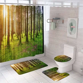4 бр. комплект завесата за душа в банята, 4 бр., Слънчева светлина, зелено дърво, горски пейзаж, подложка за баня, капака на тоалетната чиния, килими, домашен