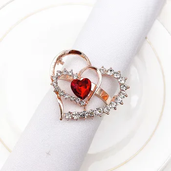 6 бр./лот, червено двоен пръстен за салфетки с диаманти, метален пръстен за салфетки, прибори за сватбени партита, бутон за салфетки, декорация на работния плот