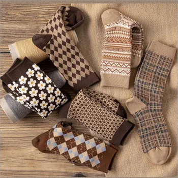 6 чифта/лот, студентски кафе есенно-зимни топли дебели японски реколта чорапи в стил колеж, средно чорапи