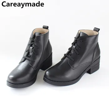 Careaymade - Топло Памучен Обувки от естествена кожа С Плюшем, най-Горния Слой Памучна Кожата На дебелите обувки, Ежедневни Обувки в стил Ретро, Литературни обувки