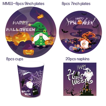 Cartoony призрак на тиквата, забавни комплекти за еднократна употреба на съдове за парти в чест на Хелоуин, чинии, чаши, комплект за вечеря, украса за парти в чест на Хелоуин