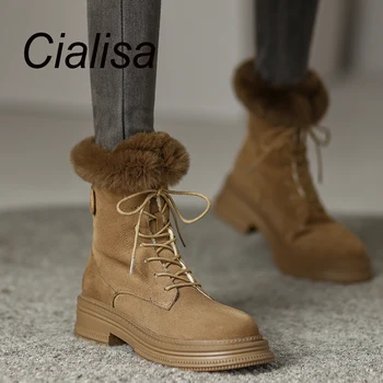 Cialisa/2022/зимни обувки; ново записване; къси ботуши на топло меху с кръгло бомбе и кръстосана шнур от естествена кожа; дамски ботильоны на среден ток, черен цвят