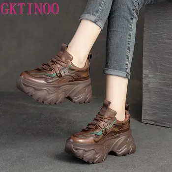 GKTINOO/ Есен Модни дамски обувки от естествена кожа Naural 7,5 см дантела на платформата, Танкетке, Ботильоны На скрит Обувки, Дамски обувки