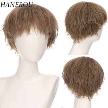 HANEROU Кратък мъжка перука от синтетична кафяви естествени преки къдрава коса, перуки, изработени от устойчиви на висока температура влакна за парти, ежедневна cosplay
