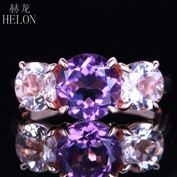 HELON Solid 14К розово злато, безупречен през цялата естествен аметист, морганит, годежен пръстен, дамски уникални бижута със скъпоценни камъни