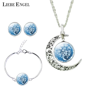 LIEBE ENGEL, дамски изискани романтични комплекти бижута сребърен цвят, стъклена огърлица с изображение на луната, обеци-на карамфил, комплект за гривни