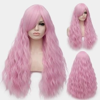 MSIWIGS Дълги розови перуки за cosplay с естествена вълна, афро-американци за жени, термоустойчиви синтетични отгоре косата с страничен бретон