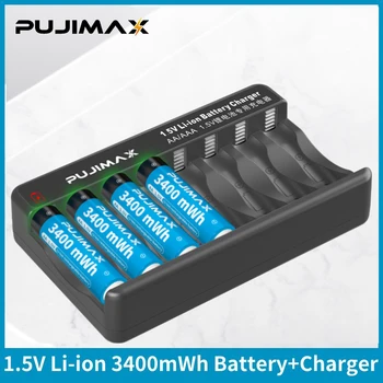 PUJIMAX 8-Слотное Литиево-ионное Зарядно устройство 1,5 В с акумулаторна батерия AA от 1,5 3400 МВтч С USB-кабел За детски играчки-Прожектори