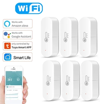 Sasha Smart Life WiFi Сензор за температура и влажност на въздуха умен дом, вътрешен термометър, наблюдение на сигурността с Алекса Google Home