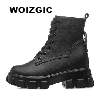 WOIZGIC / женски ботильоны от естествена кожа, обувки на платформа и мълния, топли зимни мотоциклетни ботуши на меху, увеличаване на растежа