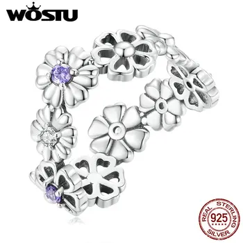 WOSTU, сребро 925 проба, emerald кристал, красиви пръстени за жени, лилаво, CZ, цвете маргаритки, пръстен с петушиным опашка, бижута подарък