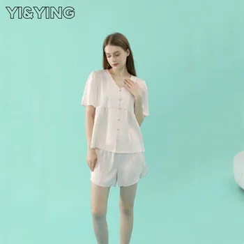 [YI & YING] 2023 Пролетно-Летния Нов дамски Пижамный комплект от Изкуствена Коприна с къс ръкав, Тънък, Удобен Домашен костюм YA2C024-H