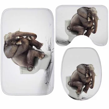 Zeegle с изображение на слон, 3 броя, комплект постелки за баня, мини подложки за тоалетна, комплект постелки за душата, капак за подложка за вана, капак за тоалетна