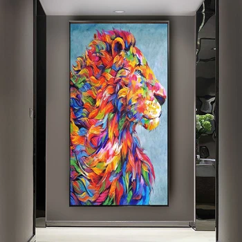 Абстрактни цветни маслени картини с животни, 100% картини, ръчно изработени върху платно, модерна стенни картина с лъв за вашия интериор, дневна, стенопис