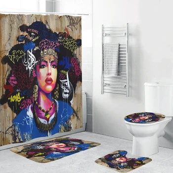 Акварел художествена завеса за душ ретро стил за момичета, обзавеждане за баня, комплект от 4 теми, мека подложка за тоалетна