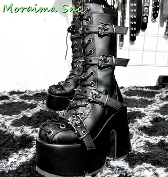 Ботуши до средата на прасците на платформата с катарама и шнур, дамски обувки на висок ток с кръгло бомбе и страничен цип, зимна мода, черно на цвят в стил пънк