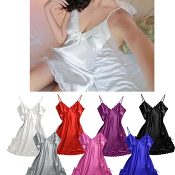 Бяло секси бельо, пижами, дамски гореща сатен лейси риза с лък, Червена рокля-комбинация, размери S, M, 2XL, лилава рокля за сън голям размер