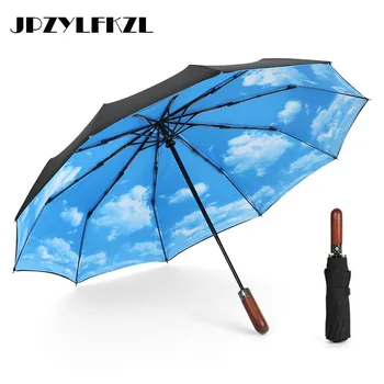 Ветрозащитный автоматичен чадър от дъжд с дървена дръжка 10, женски автомобил, луксозни големи ветроупорен чадъри от дъжд, за мъже, черно покритие