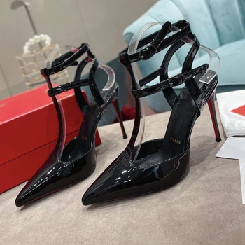 Висококачествени Дамски Обувки на висок ток 10 cm, С Червена Подметка, Луксозни Модни Дамски Сандали с Кристали, Класически Дизайнерски Обувки в Стил Ретро с Високи Токчета 1592HJ