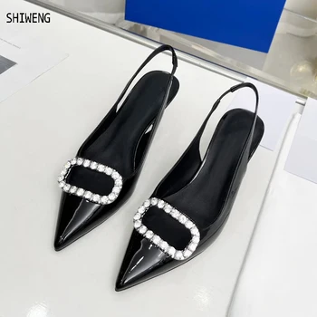 Дамски обувки, модерни обувки за сватба с квадратна катарама и перли, с кристали, обикновена обувки-лодка на висок ток с остър пръсти, френски обувки на висок ток