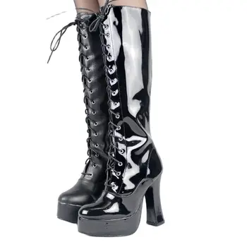 Дамски обувки на висок ток 12 см., платформа от изкуствена кожа до коляното, през цялата стелката на обувки, обувки на дебелите обувки с кръстосани шнур, размер 36-46
