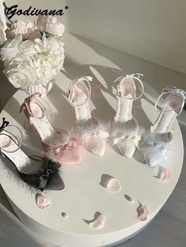 Дамски обувки на висок ток с пера Оригинален стил Елегантен лък с водно диамант на тънки високи токчета вечерни сатенени обувки с остър пръсти
