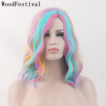Дамски перуки, направени от синтетични косми WoodFestival, цветна перука за cosplay, кратък тъмно синьо черно и бяло, лилаво, вълнообразни blond омбре