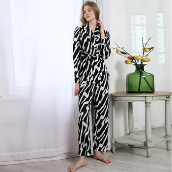 Дамски пролетно пижами, яка Поло, жилетка с дълъг ръкав, панталони с дантела, комплекти дрехи за дома, модни и ежедневни домашни дрехи шарени зебри
