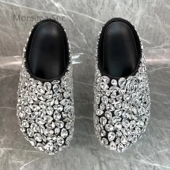Дамски чехли с кристали, летните обувки на плоска подметка с кръгло бомбе, сватбени женски обувки от естествена кожа