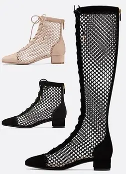 Директна доставка, модни дамски черни, бежови, от въздушната мрежа, с квадратни пръсти, на нисък ток 4 cm, с шнур отпред, с резки до коляното, къси ежедневни ботуши