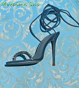 Дънкови сандали с остри пръсти и кристали, дантела, с кръстосан каишка на глезена на висок ток-висок ток, синя однотонная дамски обувки, лятна пикантни банкетная парти