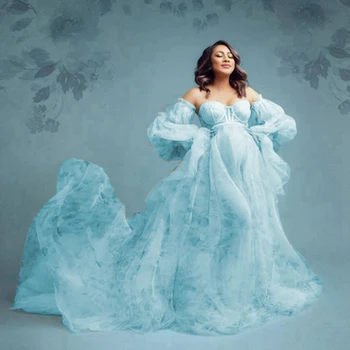 Елегантна рокля за бременни с флорални принтом и буйни дълги ръкави трапецовидна форма за бременни с открити рамене Снимка