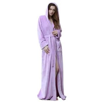 Жена зимна пухкав халат за баня, обикновен плътен женски халат за баня с качулка, с колани, джобове, кимоно с дълъг ръкав за жени