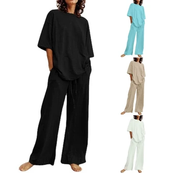 Жена пижамный комплект от две части, памучен бельо облекла за отдих, нощен костюм, пижамный комплект с къс ръкав, отгоре и широки панталони с джобове