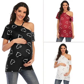 Женска тениска за бременни, без презрамки, С къс ръкав, Блузи, Ежедневни Тениска С кръгло деколте и принтом Любов, Женска Блуза за бременни, Тениски За бременни