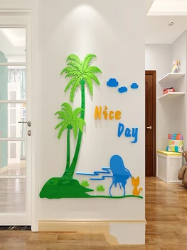 Зелено растение, кокосова палма, 3D триизмерна акрилни фона на поръчка, самозалепващи се тапети, стикер за декорация на стаята