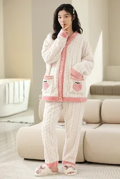 Зимни топли фланелен женски пижамные комплекти, пижами, изработени от плътен коралов кадифе, пижами за сън, женски флисовые пижамные комплекти, пижами Feminino