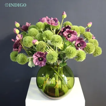ИНДИГО-лилав букет цветя, изкуствено растение, сватба парти, декорация за дома, 6 анемонов, 36 зелени топки, 40 см, 42 бр